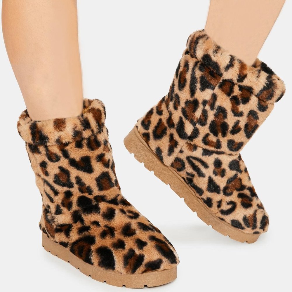 BAMBOO Leopard Print Faux Fur Ankle Booties in Brown and Black